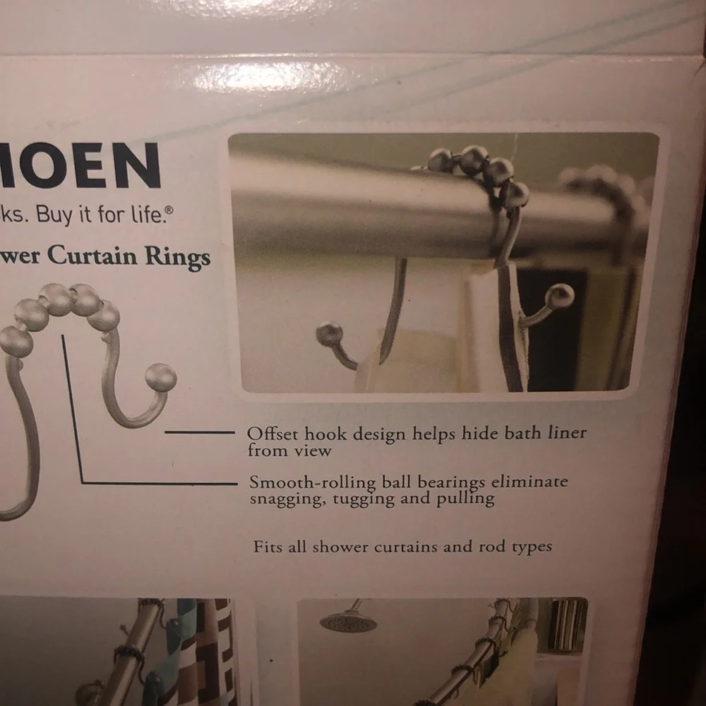 New In Box “MOEN” Double Shower Curtain Rings-Brushed Nickel